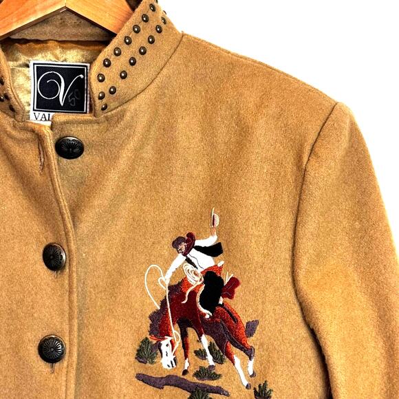 Valencia Wool Western Cowboy Embroidered Jacket Womens L Tan Studded Rodeo Coat - Picture 4 of 16